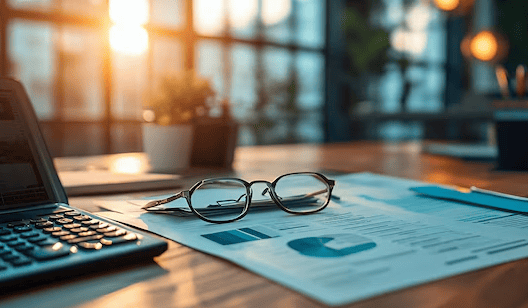 financial documents calculator glasses desk